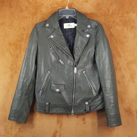 COACH Womens Jacket Small Dark Green Heavy Leather Moto Lined Biker ICON $1245 - Picture 2 of 11
